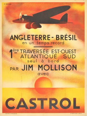 Original Art Deco Airplane Poster Castrol Jim Mollison Art Deco England Brazil